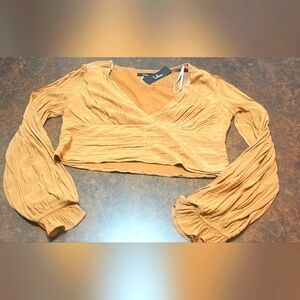 Lulus Mustard Satin Womens Long Sleeve Shirt Crop Soft Large NWT